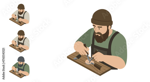Isometric craftsman engraving wood with tools in a sequence of steps on white background