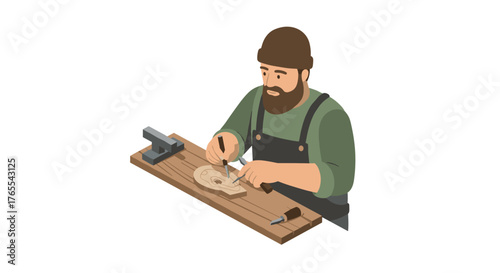Craftsman carving wooden sculpture at workbench in isometric style
