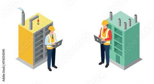 Isometric industrial workers with laptops and structures