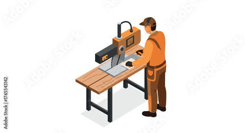 Isometric carpenter working with circular saw in workshop scene