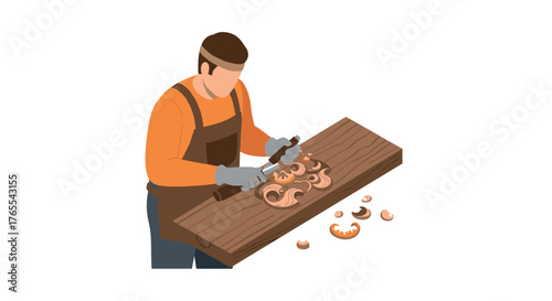 Woodworker in action: isometric art of detailed carving at workbench