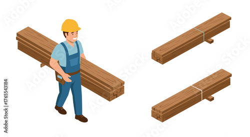 Construction worker carrying lumber in isometric design
