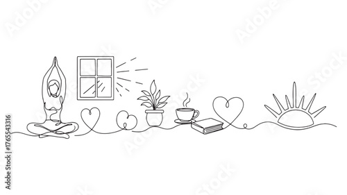 Serene single line illustration of a peaceful morning routine with yoga, sunlight, plant, coffee, and sunrise.