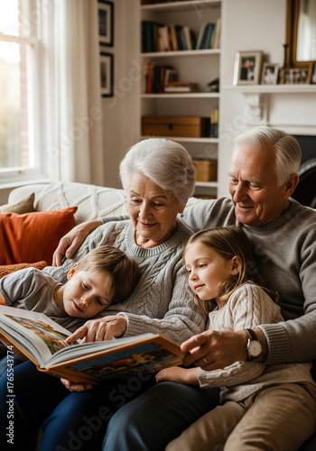 Elderly grandparents reading storybook to grandchildren on cozy sofa at home