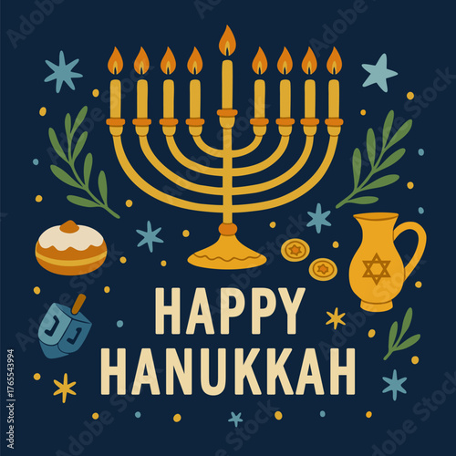 Happy Hanukkah greetings with traditional Jewish holiday menorah. Vector illustration with a candlestick for the Jewish Festival of Lights. Greetings on the Festival of Eight Candles