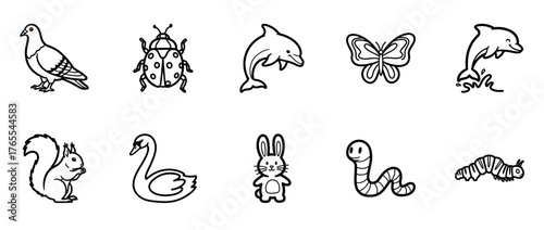 Collection of outline animal illustrations: dolphin, pigeon, butterfly, and more