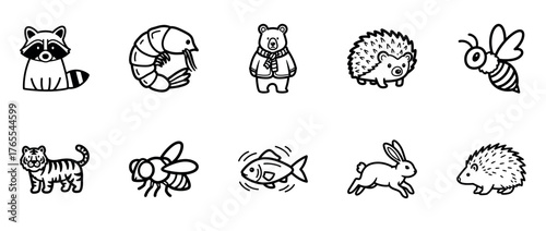 Cute hand-drawn animal icons: racoon, shrimp, bear, hedgehog, bee, tiger, fish, rabbit