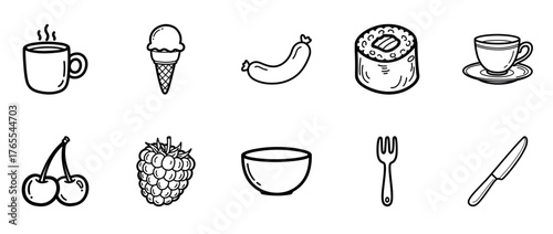 Black and white food icons: coffee, ice cream, sausage, sushi, tea, cherries, berries, bowl, fork, knife