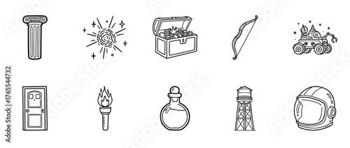 Collection of adventure icons: column, star, treasure, bow, lunar module, door, torch, potion, tower, helmet