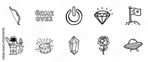 Black and white icon set: bow, game over, power, diamond, flag, astronaut, drum, crystal, rose, ufo