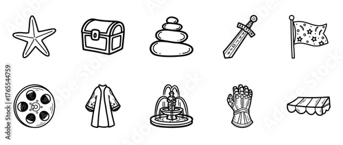 Collection of playful cartoon icons: starfish, treasure chest, stones, sword, flag, film reel, robe, fountain, gauntlet, awning