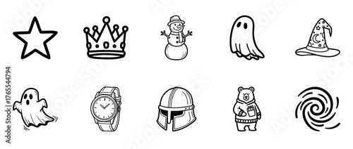 Collection of cartoon icons: star, crown, snowman, ghosts, wizard hat, watch, helmet, bear, spiral