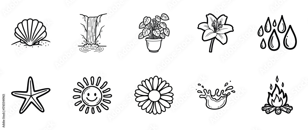 Fototapeta premium Collection of nature elements: sea shell, waterfall, plant, flower, raindrops, starfish, sun, daisy, water splash, campfire