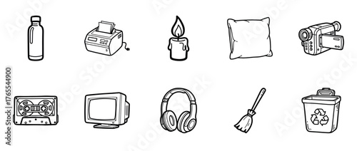 Collection of hand-drawn household objects and vintage electronics