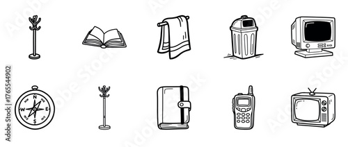 Collection of hand-drawn everyday items: coat rack, open book, towel, trash can, monitor, compass, notebook, radio, vintage tv
