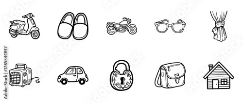 Collection of hand-drawn everyday objects: scooter, shoes, motorcycle, sunglasses, curtains, heater, car, lock, bag, house