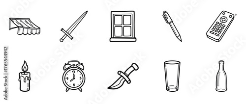 Simple black and white hand-drawn doodle set of everyday objects