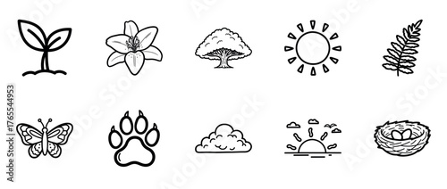 Nature icons: plant, flower, tree, sun, leaf, butterfly, paw, cloud, nest
