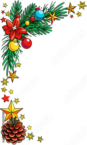 Вертикальный рождественский угловой бордюр с еловыми ветками, красным цветком, украшениями, шишкой и золотыми звездами.