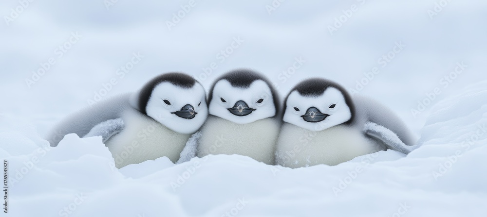 Obraz premium Three Adorable Emperor Penguin Chicks Cuddle Together for Warmth in the Snowy Antarctic Landscape