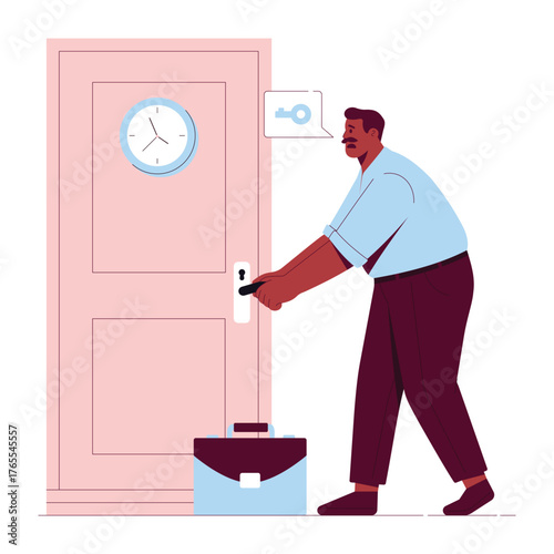 Worker stuck outside a locked door in a hurry – Illustration 

