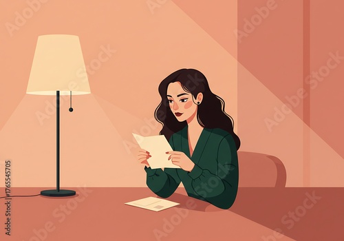 Woman reading a letter by warm lamplight, a moment of quiet reflection and personal communication