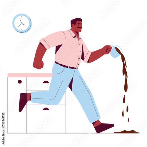 Rushed morning moment spilling coffee before leaving – Illustration 
