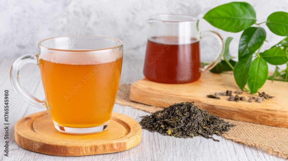 Fototapeta premium Warm aromatic tea beverage served in elegant cup and refreshing glass presentation.