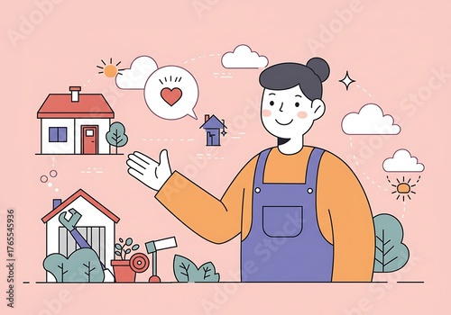 Smiling person presenting home care and property maintenance concepts with houses and nature elements, flat illustration