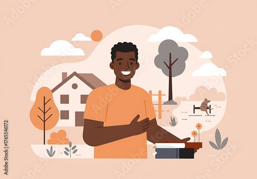 Smiling man gardening at home, planting flowers in a sunny backyard. Leisure and well-being illustration.