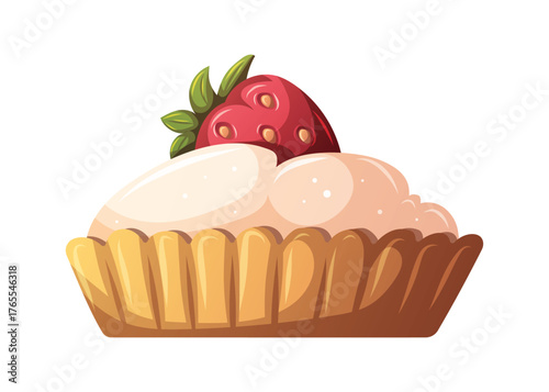 Strawberry tart isolated on white. Sweet food, Dessert, Baking concept. Vector illustration.	