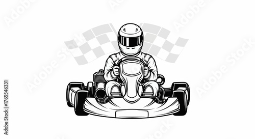 Vintage Go Kart Vector Driver Front View Black & White