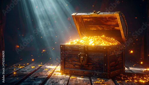 Old wooden treasure chest filled with glowing gold coins.
