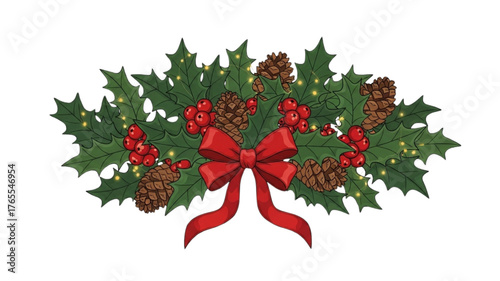 Christmas Holly Wreath with Pine Cones, Red Berries, and Bow Ribbon - Festive Holiday Decoration Vector Illustration