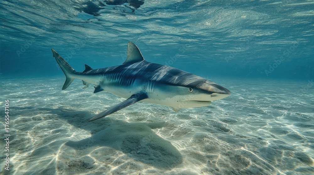 Fototapeta premium Majestic tiger shark swimming gracefully through crystal clear shallow ocean waters with sunlight filtering through the surface above