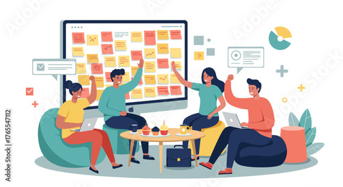 Team Celebrating Success with Sticky Notes and Laptops