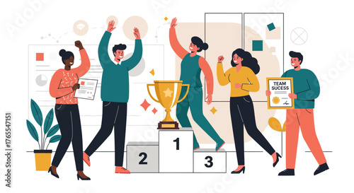 Team Celebrating Success with Trophy and Certificate