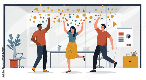Joyful Office Workers Celebrating Success with Confetti