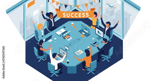 Team Celebrating Success Around Conference Table Together