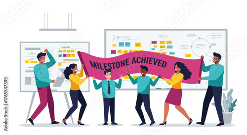 Team Celebrating Milestone Achievement with Banner and Boards