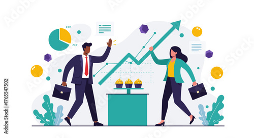 Business Team Celebrating Success with Cupcakes and Graph
