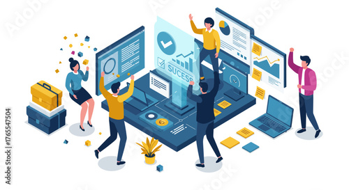 Team Celebrating Success with Data Visualization and Technology