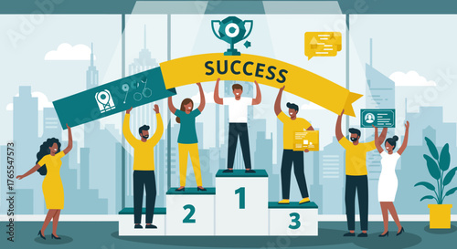 Diverse Team Celebrating Success on Podium