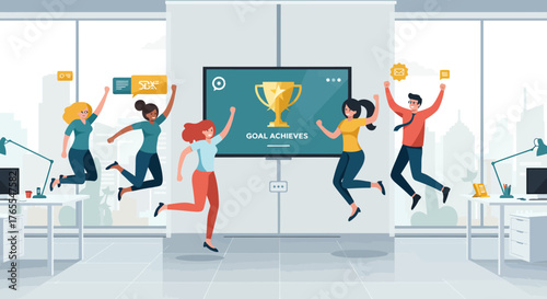 Joyful Team Celebrating Goal Achievement in Office