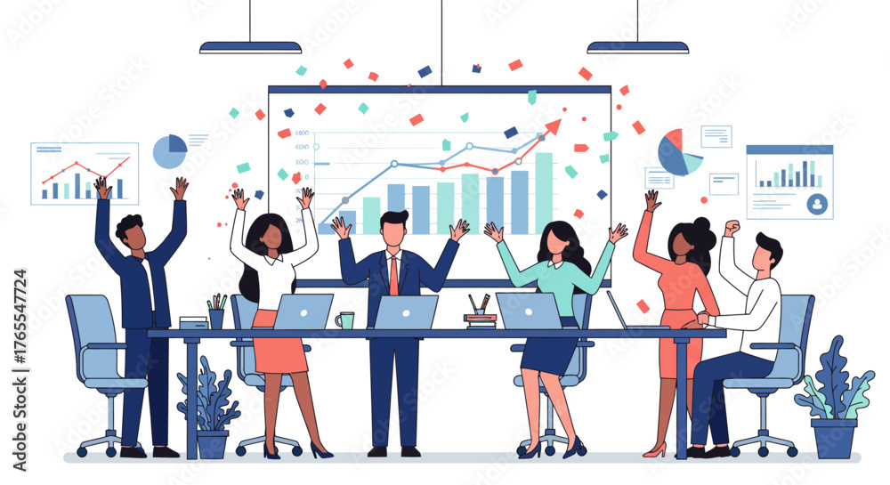 Fototapeta premium Team Celebrating Success with Charts and Laptops