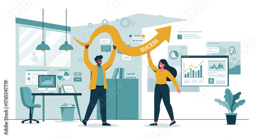 Two People Holding Success Arrow in Office