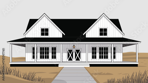 Illustration of a white farmhouse with a black roof and a gray walkway leading to the front door