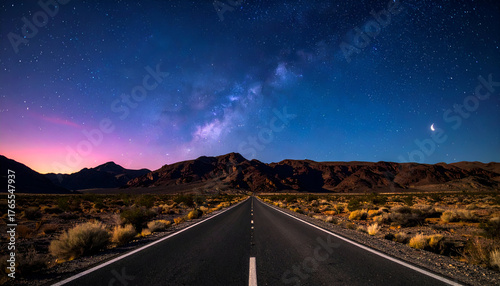 Beautiful cosmic landscape with road stretching to horizon beneath Milky Way and moonlight.