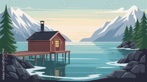 A cabin on a lake with mountains in the background and trees around the cabin and rocks in the foreground