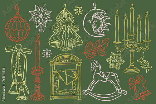 Christmas ornament doodles collection. Art for greeting cards, holiday invitations, poster design, postcards, branding, logo design, background.	